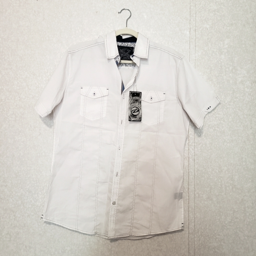 NEW DRILL WHITE SHORT SLEEVE BUTTON UP SHIRT...SIZE-M